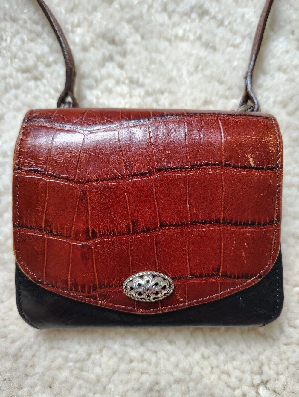 Vintage Brighton Women's Brown Croc-Embossed Crossbody Small Bag - Picture 2 of 16